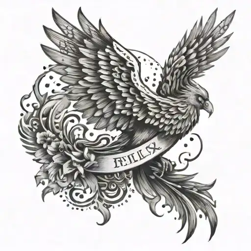 A phoenix rising from the ashes with the word 'Felix' incorporated into the design tattoo design idea