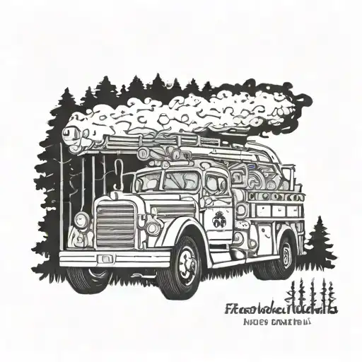 A vintage fire truck driving through a forest with the phrase 'Firefighters never die, they burn in the hearts of the people they once saved' tattoo design idea