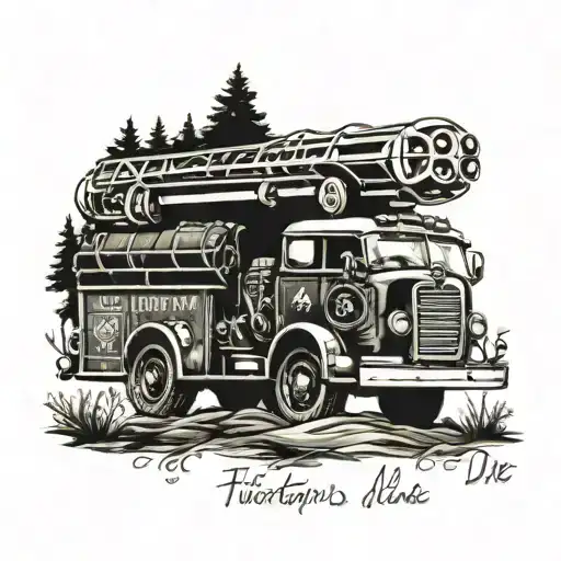 A vintage fire truck driving through a forest with the phrase 'Firefighters never die, they burn in the hearts of the people they once saved' tattoo design idea