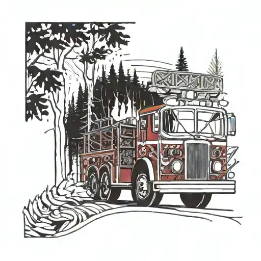 A vintage fire truck driving through a forest with the phrase 'Firefighters never die, they burn in the hearts of the people they once saved' tattoo design idea