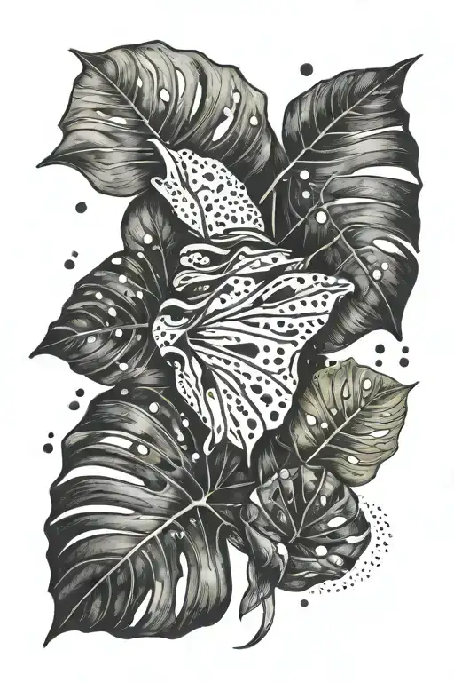 monstera plant and snail crawling tattoo design idea