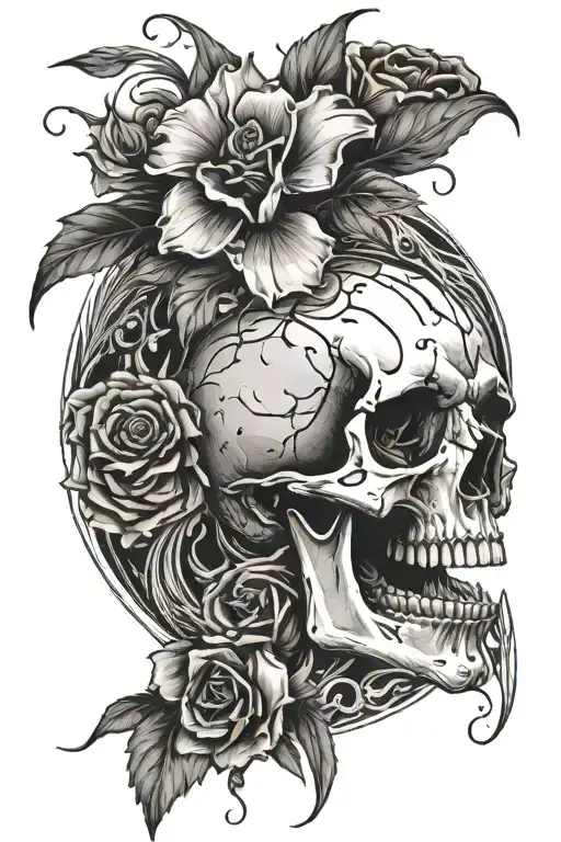 Skull with gunshot wound and a dying flower with petals falling down tattoo design idea