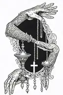 hands with rosary and praying while a candle burns below tattoo design idea