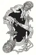 hands with rosary and praying while a candle burns below tattoo design idea
