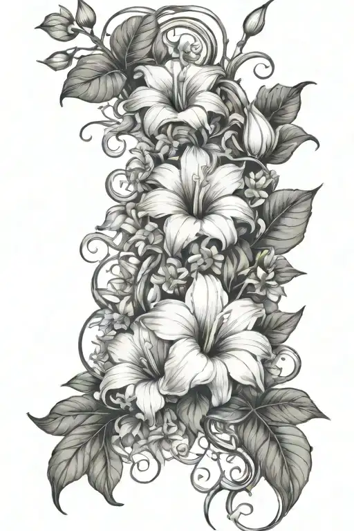 morning glory vine intertwined with daisies, carnations, lilies, sunflowers, orchids tattoo design idea