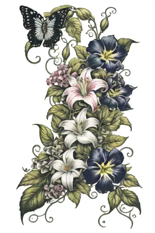morning glory vine intertwined with daisies, carnations, lilies, sunflowers, orchids tattoo design idea