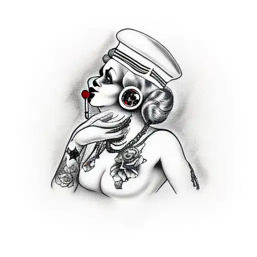 female clown smoking black and white tattoo design idea