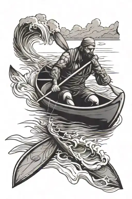 man flowing down river in a canoe with now paddles  tattoo design idea