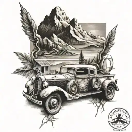 memorial of father that like old cars trucks motorcycles and mountains tattoo design idea