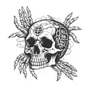 broken skull surrounded by hands tattoo design idea