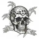 broken skull surrounded by hands tattoo design idea