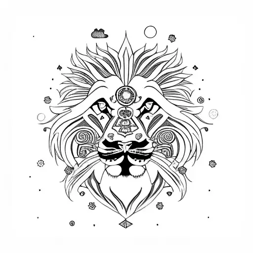 A traditional Japanese-style lion with a whimsical twist, incorporating zodiac symbols and surrounded by cute cats and magical girl anime elements. tattoo design idea