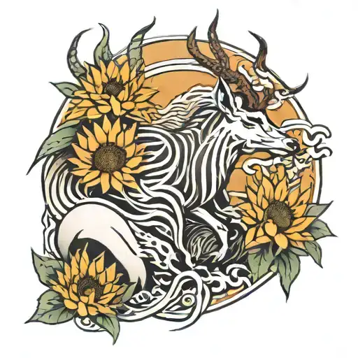 japanese style arm tattoo featuring a kudu, a secretary bird, protea and sunflowers and waves.  tattoo design idea