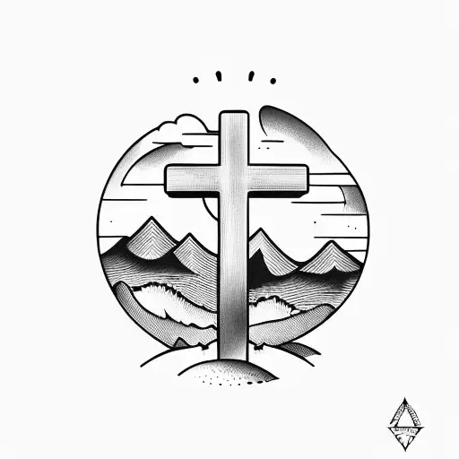 Christian wooden cross with mountains, trees, and ocean tattoo design idea