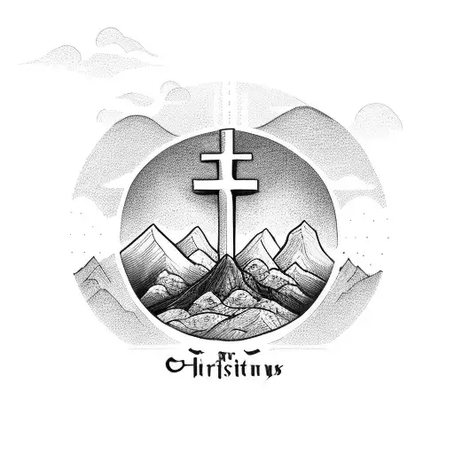 Christian cross filled with mountains, forest and ocean  tattoo design idea