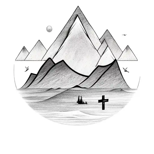 Christian wooden cross with mountains, trees, and ocean tattoo design idea