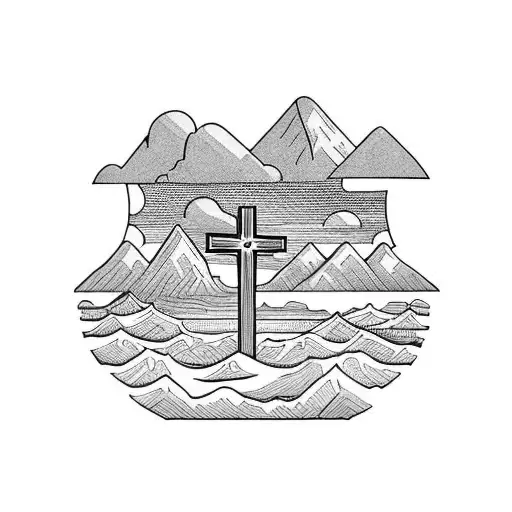 Christian wooden cross with mountains and ocean tattoo design idea