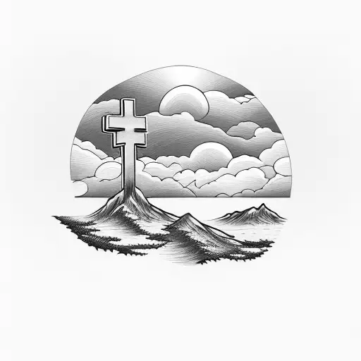 Christian wooden cross with mountains, trees, and ocean tattoo design idea