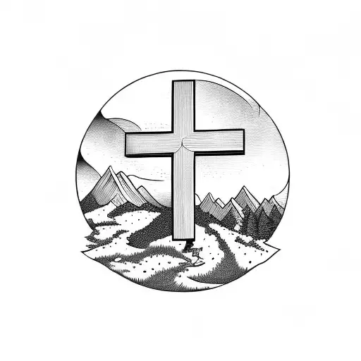 Christian wooden cross with mountains, trees, and ocean tattoo design idea
