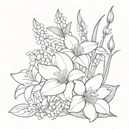 Violet, daffodils , lily of the valley, aster, chrysanthemum and narcissus bouquet tattoo outline tattoo design idea