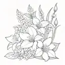 Violet, daffodils , lily of the valley, aster, chrysanthemum and narcissus bouquet tattoo outline tattoo design idea