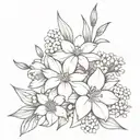 Violet, daffodils , lily of the valley, aster, chrysanthemum and narcissus bouquet tattoo outline tattoo design idea