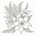 Violet, daffodils , lily of the valley, aster, chrysanthemum and narcissus bouquet tattoo outline tattoo design idea
