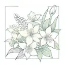 Violet, daffodils , lily of the valley, aster, chrysanthemum and narcissus bouquet tattoo outline tattoo design idea