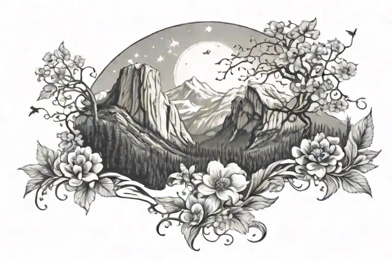 Yosemite half dome with stars moon music note intertwined with flowers and vines with a wishing dandelion  tattoo design idea
