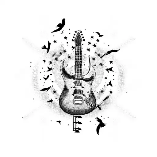 electric guitar with notes and birds flying  tattoo design idea