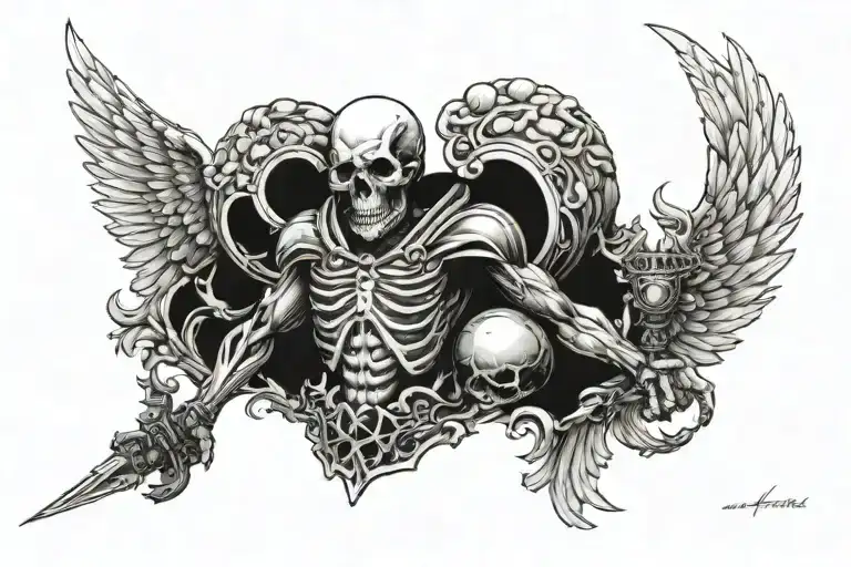 a skull in the middle of the chest with a warrior Angel in the right side and in the left side too  tattoo design idea