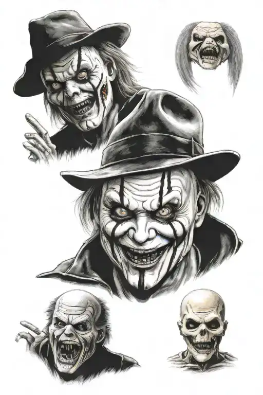 scream mask joined with Chucky doll joined with Micheal Myers portrait joined with Freddy Krueger portrait  tattoo design idea