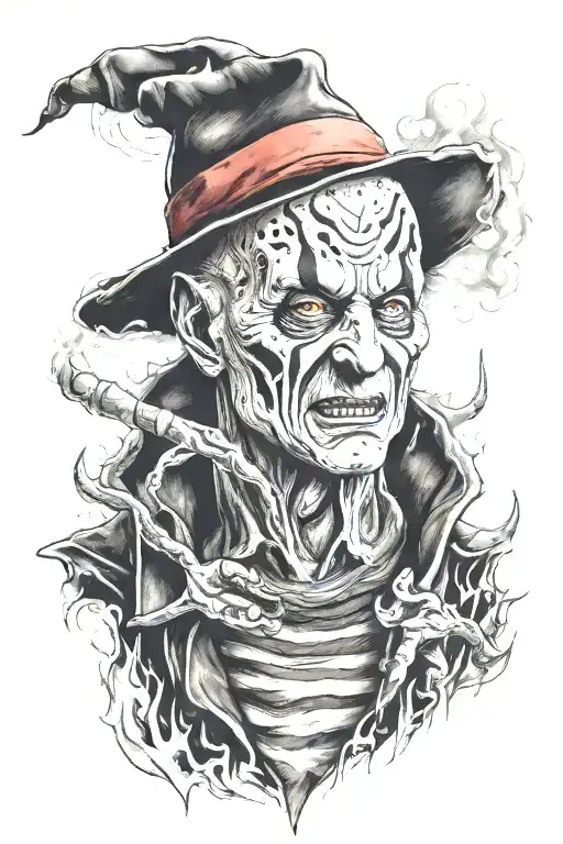 Freddy Krueger portrait with flames, Micheal Myers portrait,Jason, Scream, Chucky background full of smoke with attached tattoo design idea