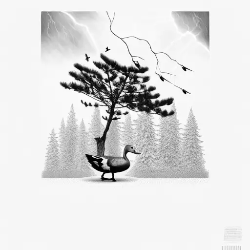 pine trees with ducks flying in front and a power line getting struck by lightning  tattoo design idea