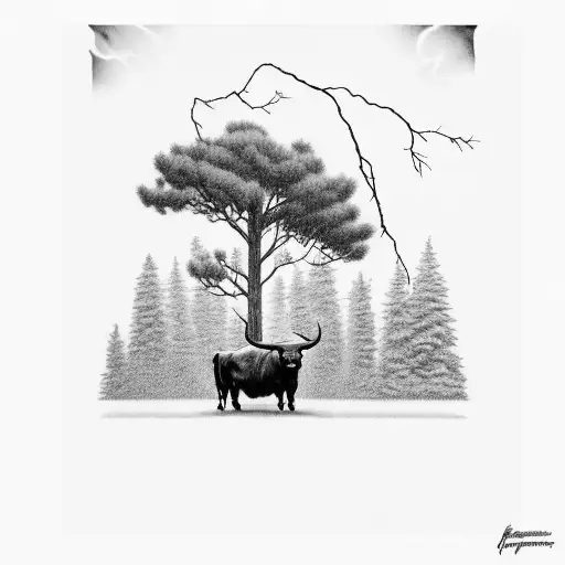 hereford bull in front of pine trees with a power line getting struck by lightning and ducks flying under storm clouds  tattoo design idea