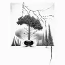 hereford face in front of pine trees with a power line getting struck by lightning and ducks flying under storm clouds  tattoo design idea