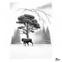 hereford face in front of pine trees with a power line getting struck by lightning and ducks flying under storm clouds  tattoo design idea