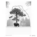 hereford face in front of pine trees with a power line getting struck by lightning and ducks flying under storm clouds  tattoo design idea