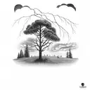hereford face in front of pine trees with a power line getting struck by lightning and ducks flying under storm clouds  tattoo design idea