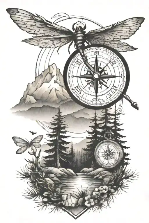 pine tree forest with stream and mountains with compass and dragonfly tattoo design idea