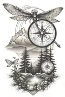 pine tree forest with stream and mountains with compass and dragonfly tattoo design idea