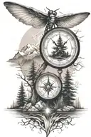 pine tree forest with stream and mountains with compass and dragonfly tattoo design idea
