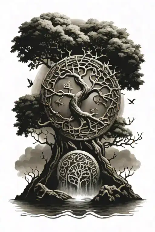 loki and the tree of life between water and fire with nordic runes tattoo design idea