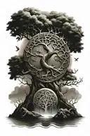 loki and the tree of life between water and fire with nordic runes tattoo design idea