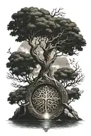 loki and the tree of life between water and fire with nordic runes tattoo design idea