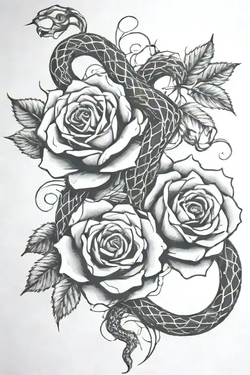 snakes and roses intertwined tattoo design idea