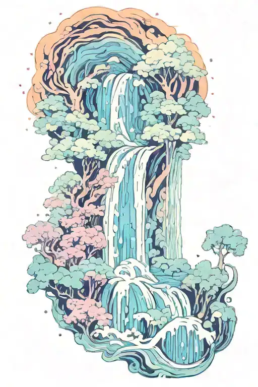 A trippy psychedelic galaxy made of  waterfalls flowing through it tattoo design idea