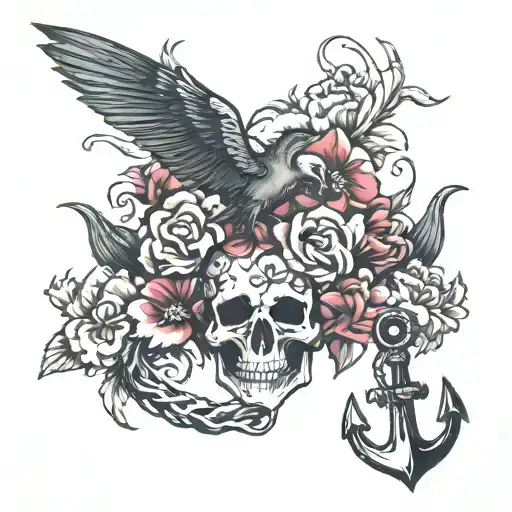 flowers, Kraken, skull, anchor, dagger, swallow, tattoo design idea