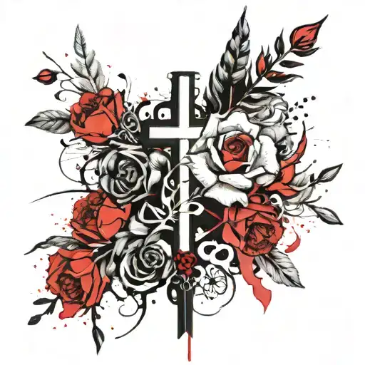 Floreal cross composition: downward fern with a bouquet of one rose, poppies, tulips and laurel leaves tattoo design idea