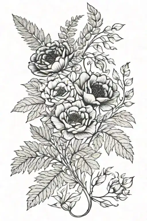 floreal composition: fern, rose, poppies, tulips, laurel leaves tattoo design idea